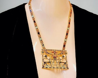 Vtg 70 D'Orlan Art Deco Egyptian Revival 24 K Gold Plate Colourful Enamelled Pectoral of Mereret Necklace - Signed and No. 2915.