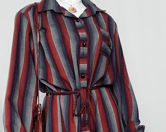 Vintage 70’s David Keys Striped Cotton Mid Length Shirt Dress w Full Sleeves and Tie Belt