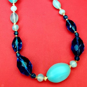 Antique 1800s Czech Bohemia Blue Russian Aqua & Opaline Blue Beads, Handmade Moulded, Facetted Hand Knotted Long Graduated Necklace.