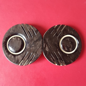 Vtg 30s Art Deco Celluloid Laminate Two Part Buckle- Geometric Disk Design - Hand Carved Dark Pearl Grey & Cream w Silver Tone Hardware