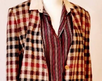 Vtg 80s Giorgio Armani Wool Check Plaid Mid Length Straight Collarless Button Front Coat in Beige, Pink, Cream, Raspberry, Black & Burgundy