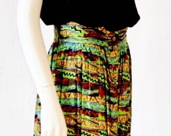 Vtg 80s Katies Abstract Printed High Waist Midi Skirt w Button Front &Wide Gathered Waist Band en bronce, oro, violeta, lima y negro