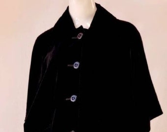 Vtg 60s Pierre Cardin Paris Mod Black Velvet Sack Coat w Kimono 3/4 Sleeves, Wide Collared Neckline,Expressed Pockets & Large Lucite Button