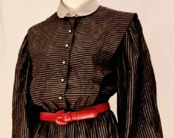 80s Striped Midi Dress, Silky Puffy Sleeve, Pearl Button Bodice