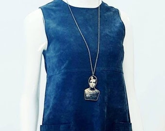 Vtg 90s does 60s Navy Blue Suede A-line Sleeveless Tunic Mini Dress w Rounded Neckline, Empire Line Bodice & Expressed Hip Pockets