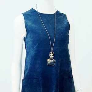 Vtg 90s does 60s Navy Blue Suede A-line Sleeveless Tunic Mini Dress w Rounded Neckline, Empire Line Bodice & Expressed Hip Pockets