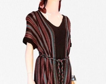 Vtg 70s Vivian Chan Shaw Draped 2 Piece Striped Knit Ensemble - Kaftan Midi Dress w Matching Wide Leg Flared Lounge Pants