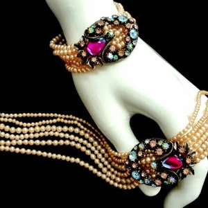 Vintage '50s Florenza Multi-Strand Demi Parure Pearl Choker & Bracelet with Swarovski Crystals and Pink and Blue Bicolor Cabochon Clusters. image 2