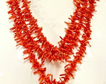 Antique 20s Salmon pink branch coral triple strand necklace graduated matinee length, hand knotted w gilded floral repoussé brass box clasp.