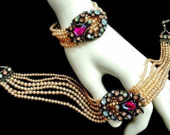 Vtg 50s Florenza Pearls, Swarovski Crystals and Pink and Blue Bicolour Cabochon Cluster Multi Strand Demi Parure Choker & Bracelet