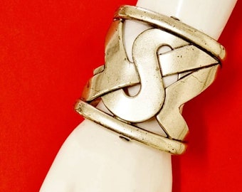 Vtg 80s YSL Yves Saint Laurent Iconic Monogrammed Brutalist Cuff Bangle - Silver Tone Metal Signed Yves Saint Laurent Rive Gauche