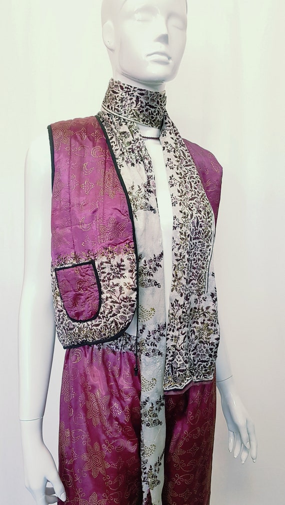 Vtg 70s Boho Luxe Silk Block Print Vest,Tunic,Pant