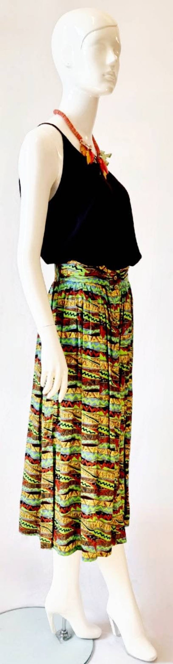 Vtg 80s Katies Abstract Printed High Waist Midi Sk