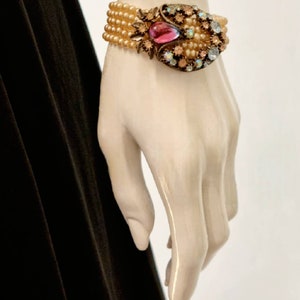 Vintage '50s Florenza Multi-Strand Demi Parure Pearl Choker & Bracelet with Swarovski Crystals and Pink and Blue Bicolor Cabochon Clusters. image 7