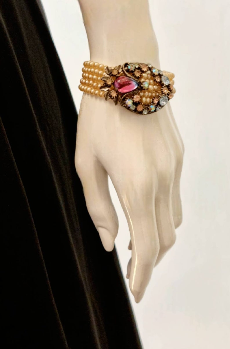 Vintage '50s Florenza Multi-Strand Demi Parure Pearl Choker & Bracelet with Swarovski Crystals and Pink and Blue Bicolor Cabochon Clusters. image 7