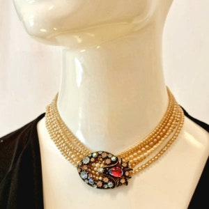 Vintage '50s Florenza Multi-Strand Demi Parure Pearl Choker & Bracelet with Swarovski Crystals and Pink and Blue Bicolor Cabochon Clusters. image 5