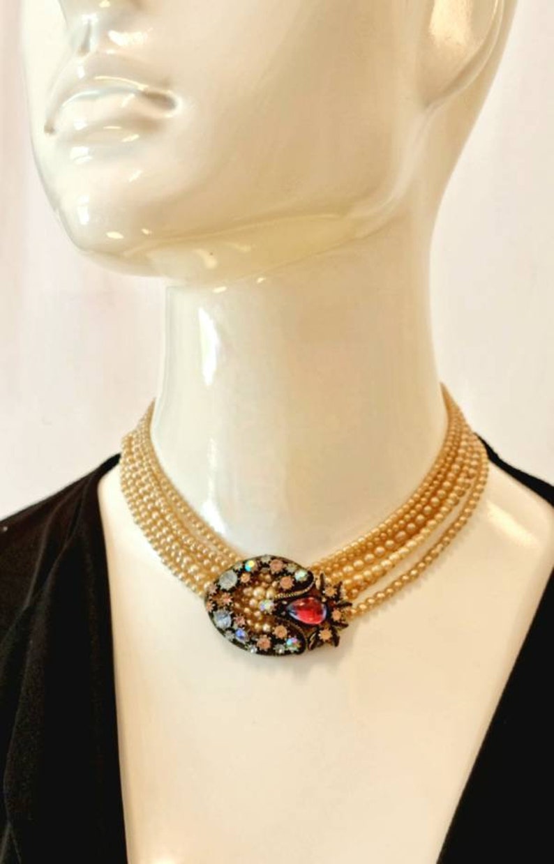 Vintage '50s Florenza Multi-Strand Demi Parure Pearl Choker & Bracelet with Swarovski Crystals and Pink and Blue Bicolor Cabochon Clusters. image 5