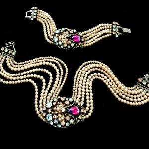 Vintage '50s Florenza Multi-Strand Demi Parure Pearl Choker & Bracelet with Swarovski Crystals and Pink and Blue Bicolor Cabochon Clusters. image 4
