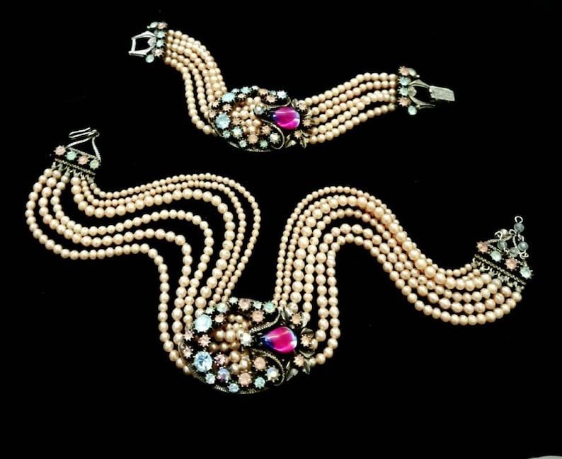 Vintage '50s Florenza Multi-Strand Demi Parure Pearl Choker & Bracelet with Swarovski Crystals and Pink and Blue Bicolor Cabochon Clusters. image 4