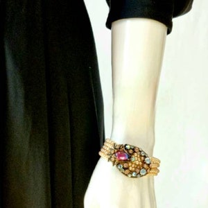 Vintage '50s Florenza Multi-Strand Demi Parure Pearl Choker & Bracelet with Swarovski Crystals and Pink and Blue Bicolor Cabochon Clusters. image 8