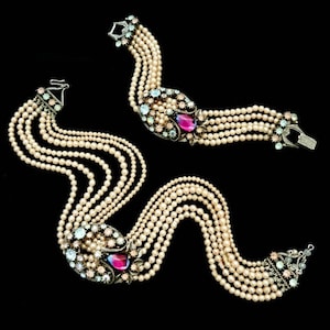Vintage '50s Florenza Multi-Strand Demi Parure Pearl Choker & Bracelet with Swarovski Crystals and Pink and Blue Bicolor Cabochon Clusters. image 3