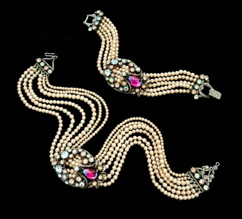 Vintage '50s Florenza Multi-Strand Demi Parure Pearl Choker & Bracelet with Swarovski Crystals and Pink and Blue Bicolor Cabochon Clusters. image 3