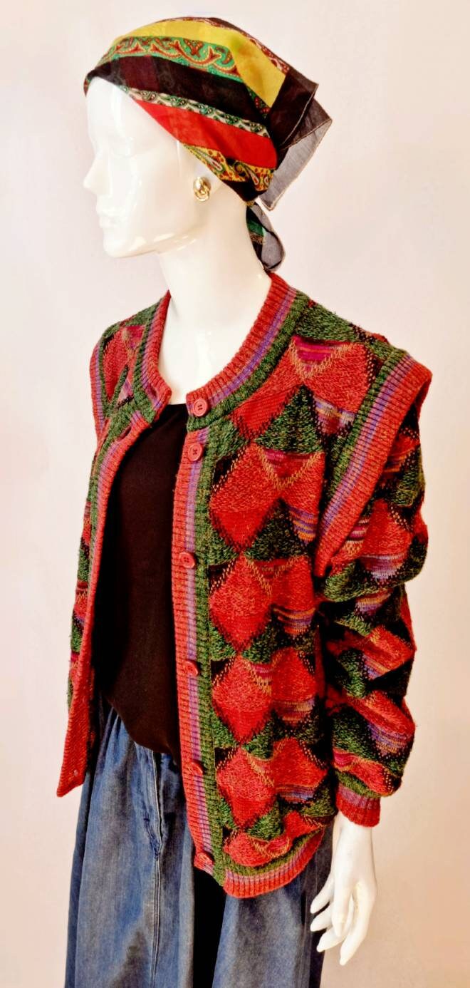 Vtg 80s YSL Yves Saint Laurent Tricot Colourful Diamond