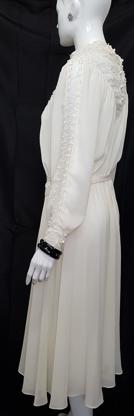 Vtg 70's Leon Haskins Cream Chiffon High Neck Blouson Midi Dress W Tiny Silk Grosgrain Bows On Yoke & Sleeves and Decorative Pearl Buttons