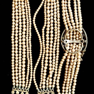 Vintage '50s Florenza Multi-Strand Demi Parure Pearl Choker & Bracelet with Swarovski Crystals and Pink and Blue Bicolor Cabochon Clusters. image 9