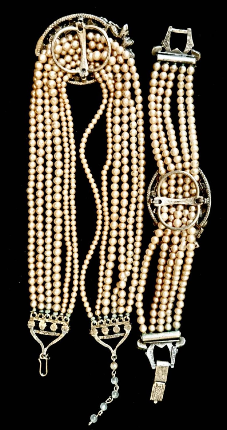 Vintage '50s Florenza Multi-Strand Demi Parure Pearl Choker & Bracelet with Swarovski Crystals and Pink and Blue Bicolor Cabochon Clusters. image 9