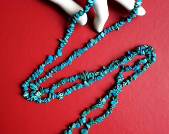 Vtg 60s Turquoise Nugget Beaded Opera Length Necklace - Arizona Southwest Vivid Mid Blue w Matrix Dot and Web Inclusions on Cotton Thread.