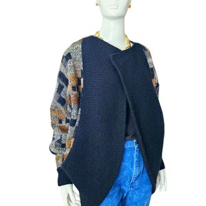 Vtg 70s Pierre Cardin Paris Warm Brown, Grey & Black Chunky Knit Open Cardigan Shrug Coat w Shawl Collar and Dolman Lantern Cuff Sleeves