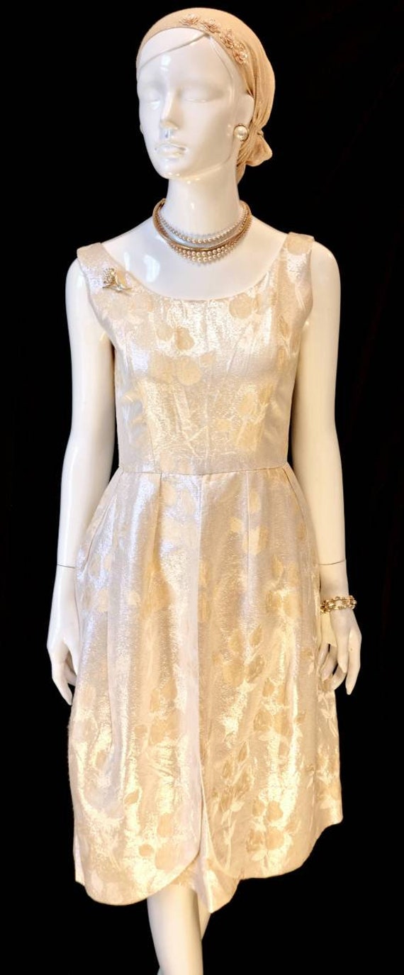 Vtg 1950s Cream silk lurex lamé opalescent damask… - image 2