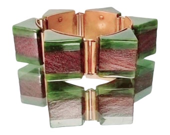 Brazalete de eslabones seccionales triangulares con bisagras, madera y baquelita verde Vtg de los años 30.