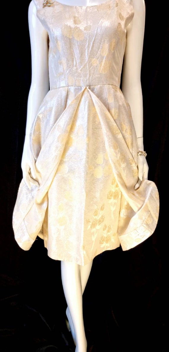 Vtg 1950s Cream silk lurex lamé opalescent damask… - image 5