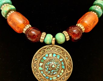 Vintage Tibetan Turquoise Amulet Pendant Necklace, Coral, Agate Dzi Beads, Silver