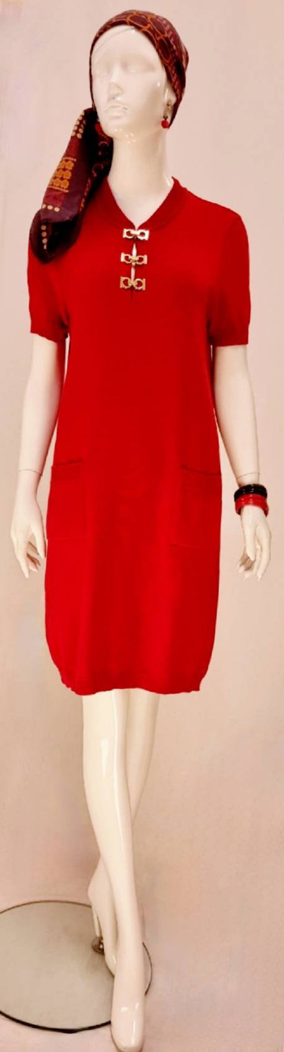 Vtg 70s Salvatore Ferragamo Cherry Red Cotton Kni… - image 2