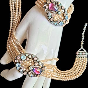 Vintage '50s Florenza Multi-Strand Demi Parure Pearl Choker & Bracelet with Swarovski Crystals and Pink and Blue Bicolor Cabochon Clusters. image 1
