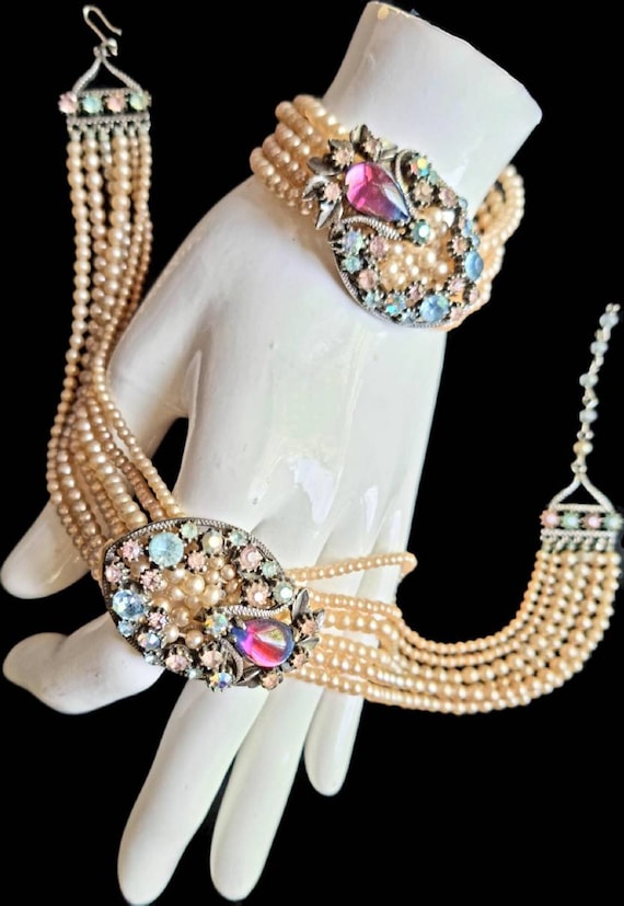 Vintage '50s Florenza Multi-Strand Demi Parure Pearl Choker & Bracelet with Swarovski Crystals and Pink and Blue Bicolor Cabochon Clusters.