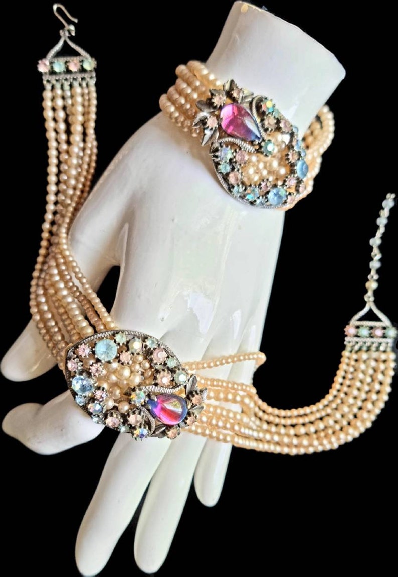 Vintage '50s Florenza Multi-Strand Demi Parure Pearl Choker & Bracelet with Swarovski Crystals and Pink and Blue Bicolor Cabochon Clusters. image 1