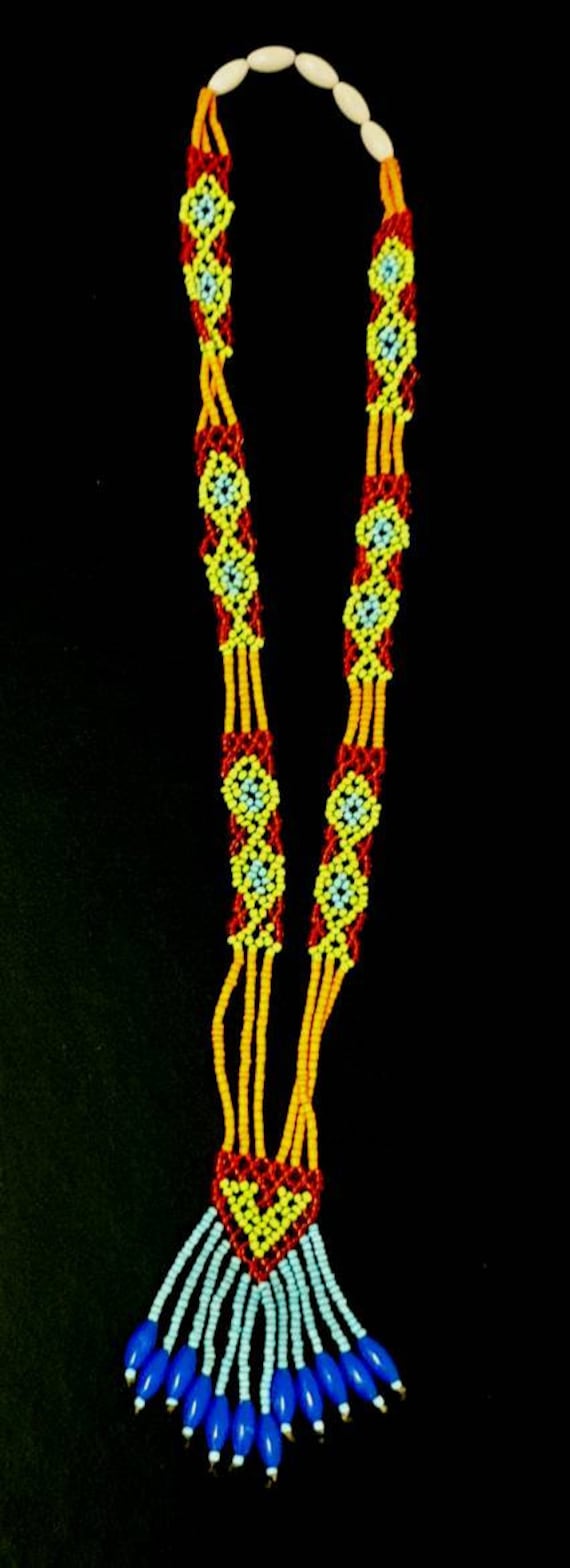 Vtg 70s Southwest Boho Glass Seed Bead Woven Long… - image 2