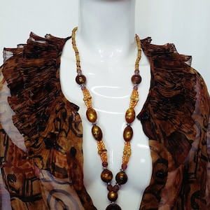 Vtg 50s Golden Moonglow Lava Lucite and Cats Eye Glass Long Beaded Ethnic Inspired Pendant Necklace