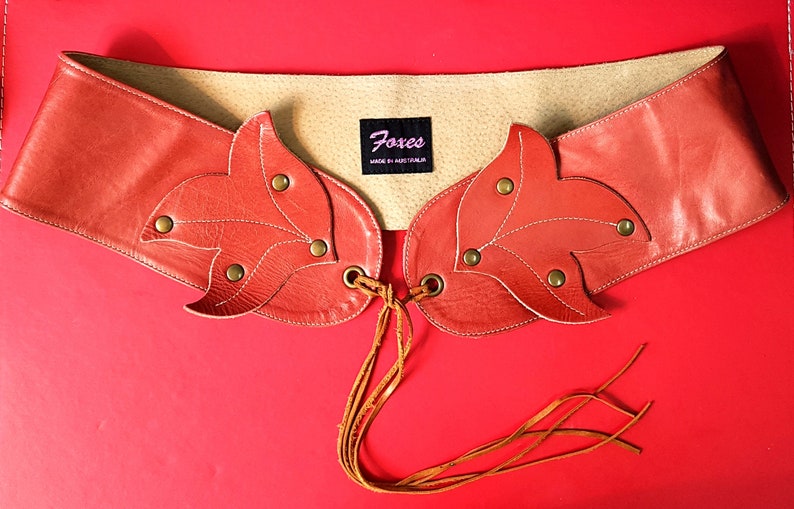 Vintage 70\u2019s Bo-Ho Lux Pommegranite Red Leather Rivet Lace Up Dangling Tie Belt with Studded Leaves Detailing