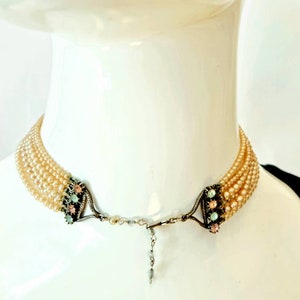 Vintage '50s Florenza Multi-Strand Demi Parure Pearl Choker & Bracelet with Swarovski Crystals and Pink and Blue Bicolor Cabochon Clusters. image 6