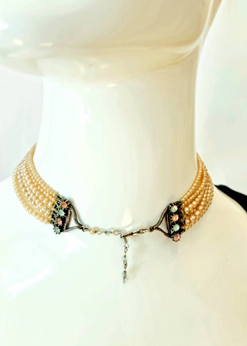 Vintage '50s Florenza Multi-Strand Demi Parure Pearl Choker & Bracelet with Swarovski Crystals and Pink and Blue Bicolor Cabochon Clusters. image 6
