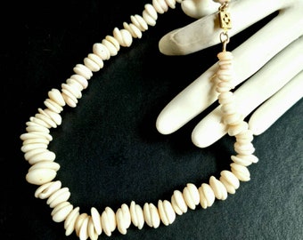 Vtg 50s Giant Hawaiian Puka Shell Graduated Necklace with Gold Tone Decorative Box Clasp.