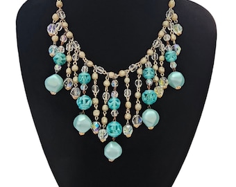 Vtg 1950s Haskell Style Turquoise Venetian Glass , Baroque Pearl, Frosted Czech Bicone & Swarovski Crystal Beaded Fringe Bib Necklace.