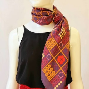 Vtg 60s Salvatore Ferragamo Large Gancini Print Silk Scarf w Polkadot and Floral Pattern Designs in Aubergine, Plum,Pink,Red,Orange Cream