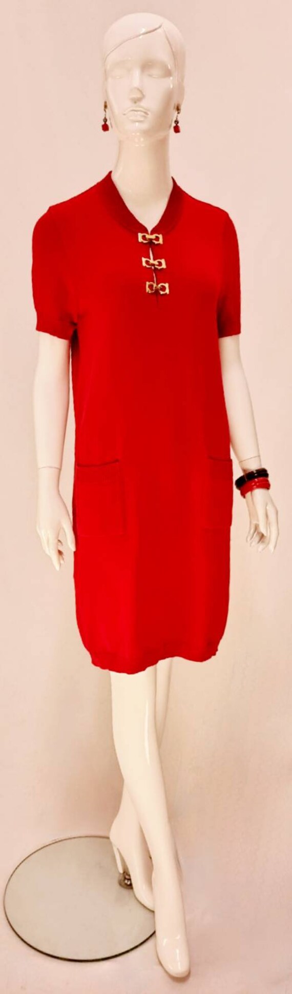 Vtg 70s Salvatore Ferragamo Cherry Red Cotton Kni… - image 5