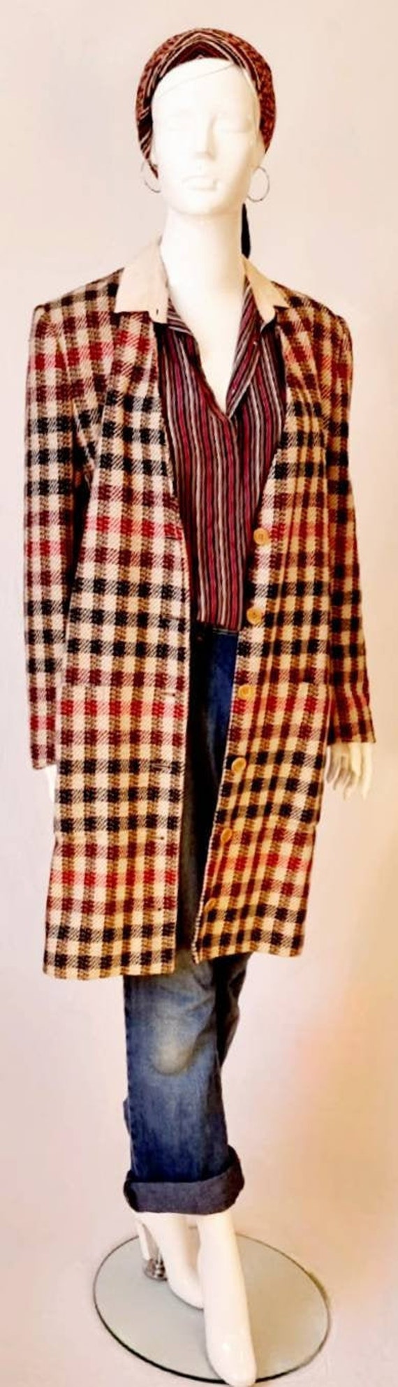 Vtg 80s Giorgio Armani Wool Check Plaid Mid Length